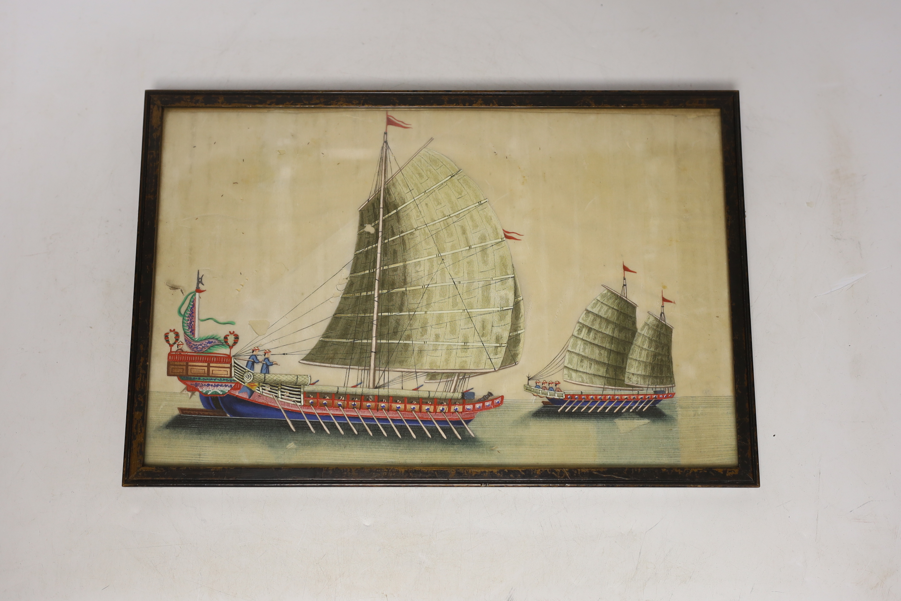 19th century, Chinese school, pith paper painting, junks, 17.5 x 27.5cm
